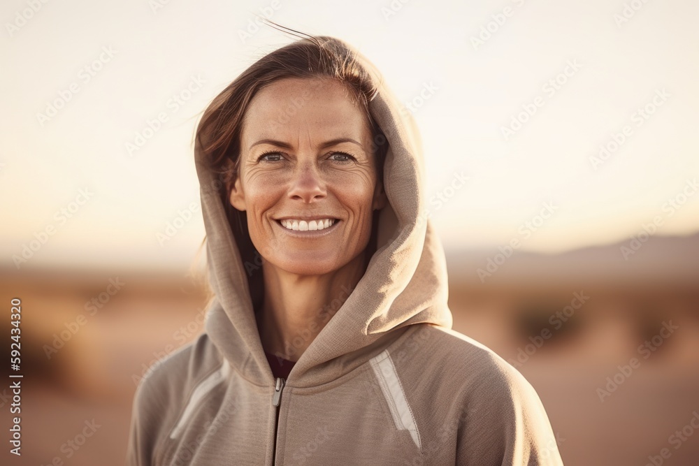 Portrait of smiling woman with hooded sweatshirt in the desert