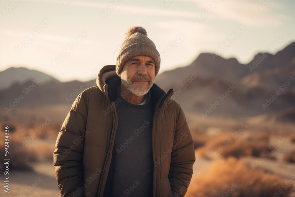 Full-length portrait photography of a pleased man in his 50s wearing a warm beanie or knit hat against a desert background. Generative AI