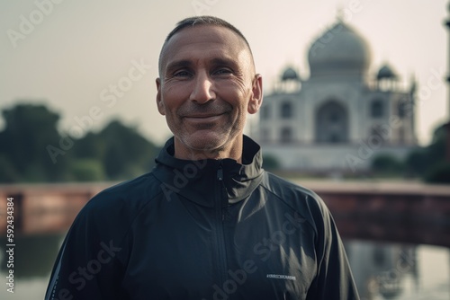 Portrait of a middle-aged man in a black T-shirt on the background of the Taj Mahal