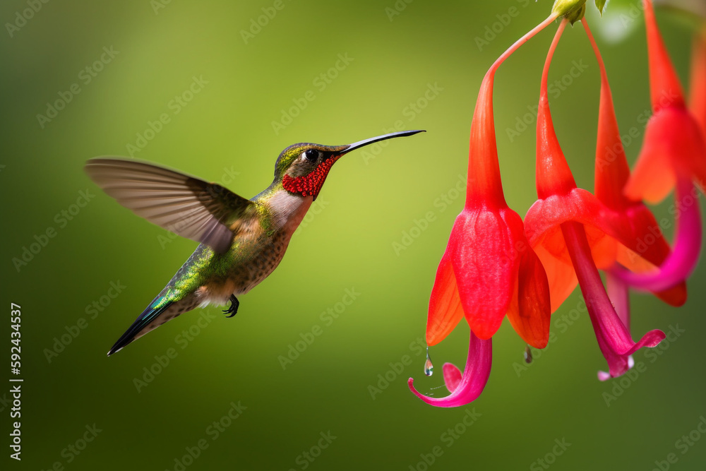 Fototapeta premium Humming bird hovering in place and drinking nectar from a red lilly flower - Generative AI