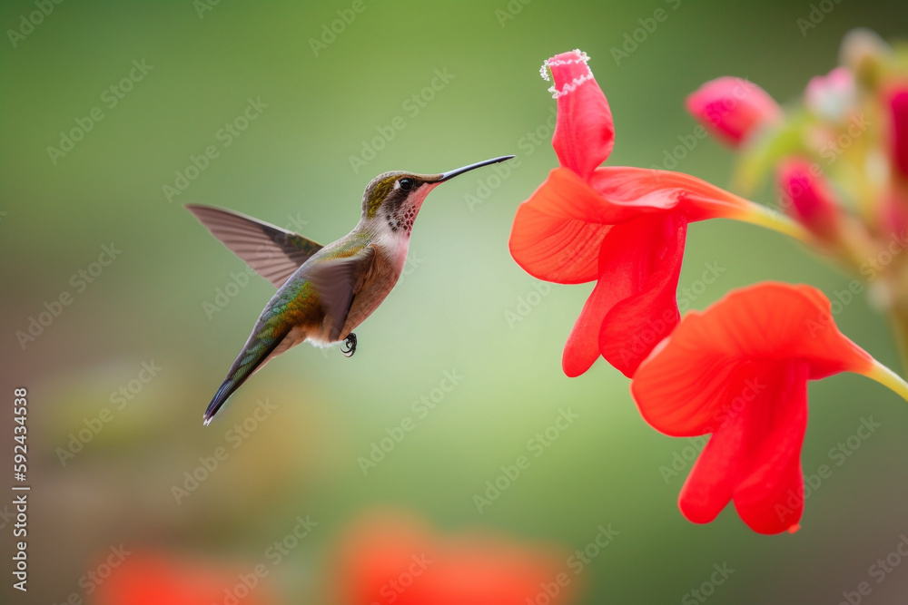 Fototapeta premium Humming bird hovering in place and drinking nectar from a red lilly flower - Generative AI