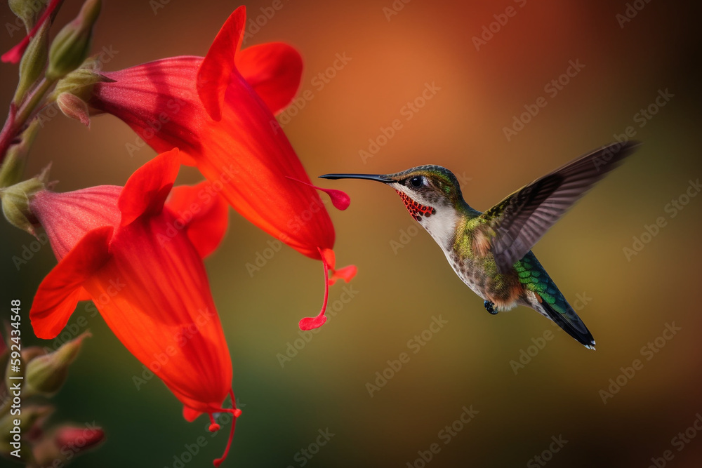 Fototapeta premium Humming bird hovering in place and drinking nectar from a red lilly flower - Generative AI