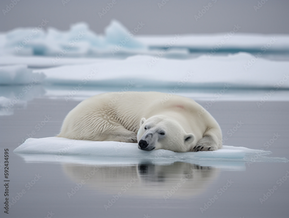 Lonely depressed polar bear sitting on lonely ice shell, climate change - Generative AI