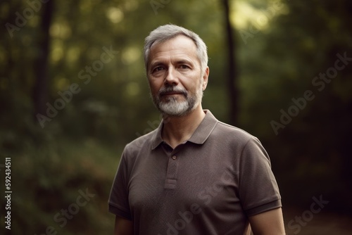 Portrait of a senior man standing in the forest on a sunny day.