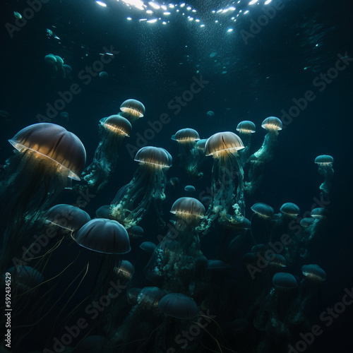Bioluminescent jelly fish emerging from deep dark blue ocean, glowing orange - Generative AI