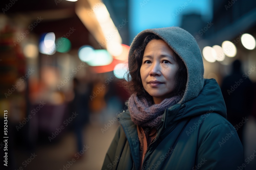 Portrait of an asian woman in the city at night.