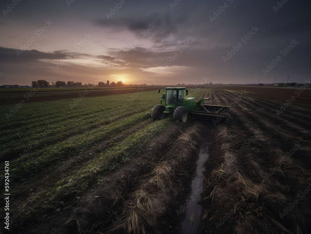 Fototapeta premium Modern vast field of farming operations with futuristic harvesting vehicles - Generative AI