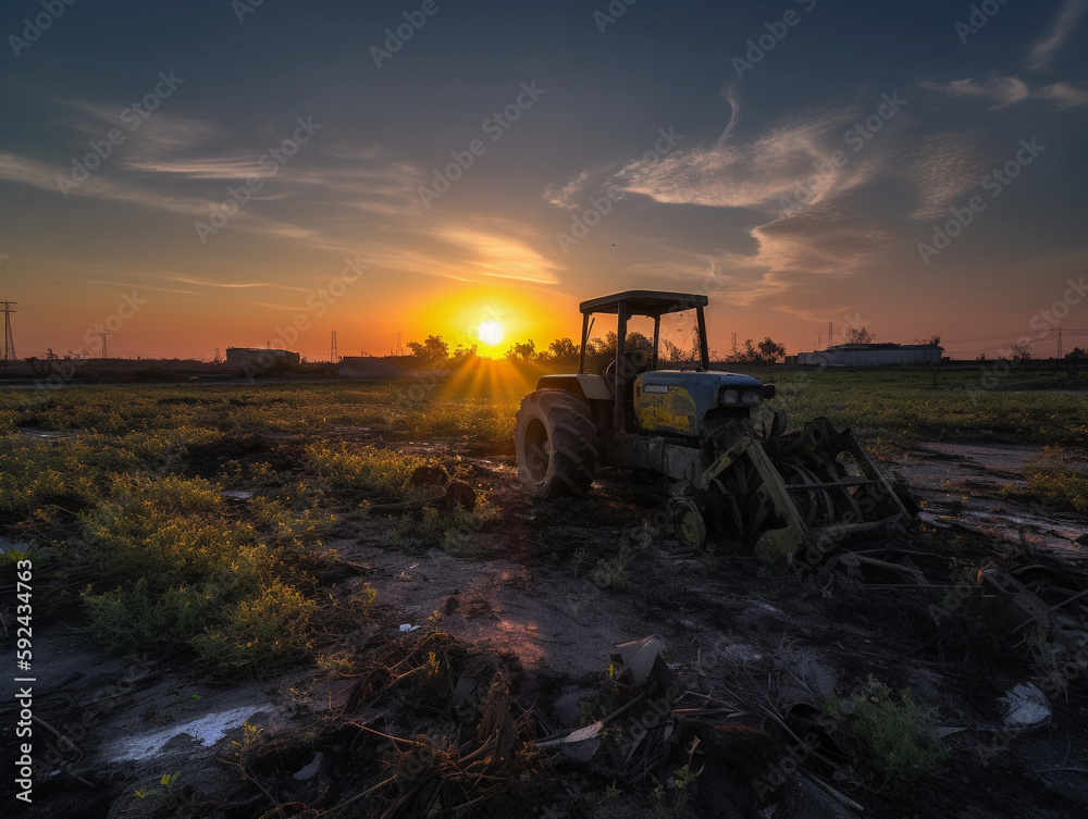Modern vast field of farming operations with futuristic harvesting vehicles - Generative AI Modern vast field of farming operations with futuristic harvesting vehicles - Generative AI