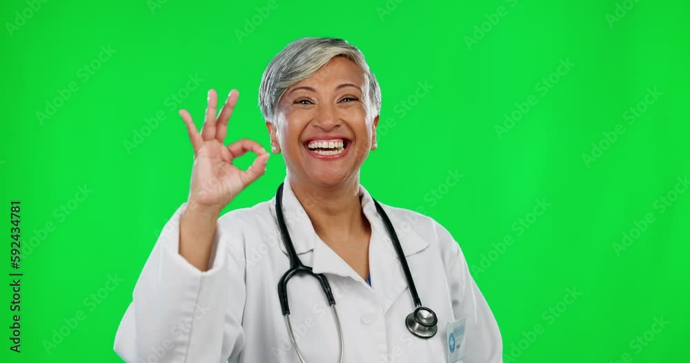 Smile, green screen and okay hand gesture, portrait of woman doctor on studio background with positive opinion. Happy mature model, ok sign language and happiness in health care with winner mindset. Smile, green screen and okay hand gesture, portrait of woman doctor on studio background with positive opinion. Happy mature model, ok sign language and happiness in health care with winner mindset.
