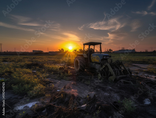 Modern vast field of farming operations with futuristic harvesting vehicles - Generative AI