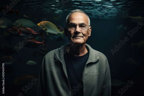 Portrait of a senior man in front of a big aquarium.