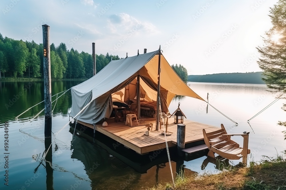  luxury glamorous camping. glamping in the beautiful lake, generative artificial intelligence
