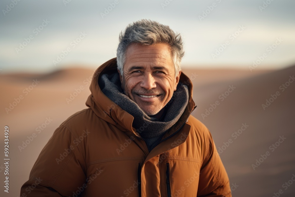 Medium shot portrait photography of a pleased man in his 50s wearing a warm parka against a sand dune background. Generative AI Medium shot portrait photography of a pleased man in his 50s wearing a warm parka against a sand dune background. Generative AI