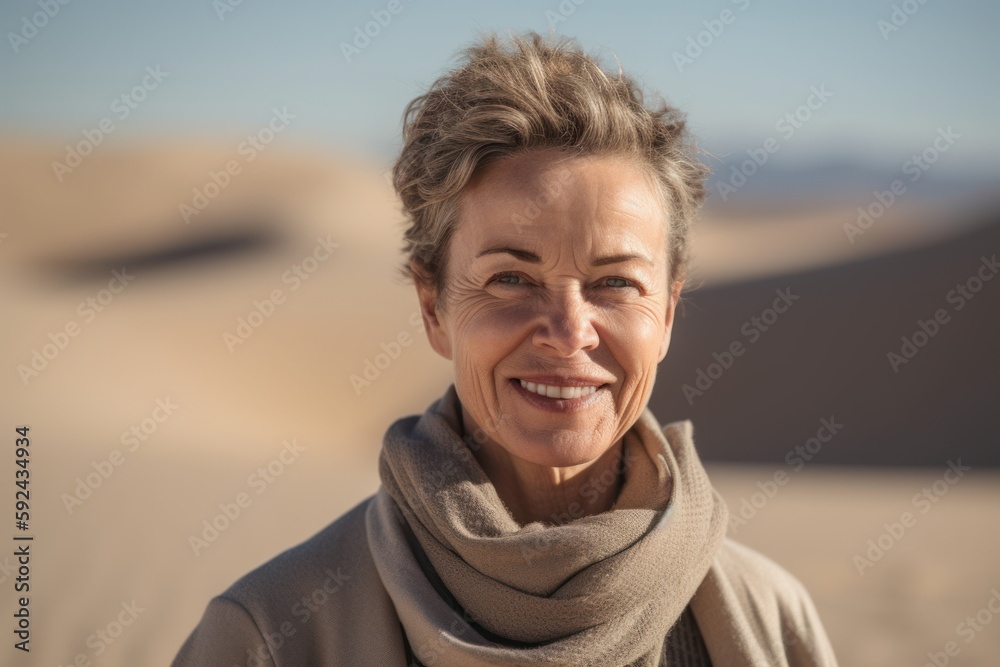 Portrait of smiling mature woman standing in the middle of the desert Portrait of smiling mature woman standing in the middle of the desert