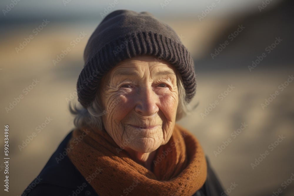 Portrait of a senior woman with hat and scarf on the beach Portrait of a senior woman with hat and scarf on the beach