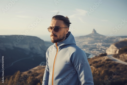 Handsome bearded man wearing sportswear and sunglasses standing on top of a mountain and enjoying the view.
