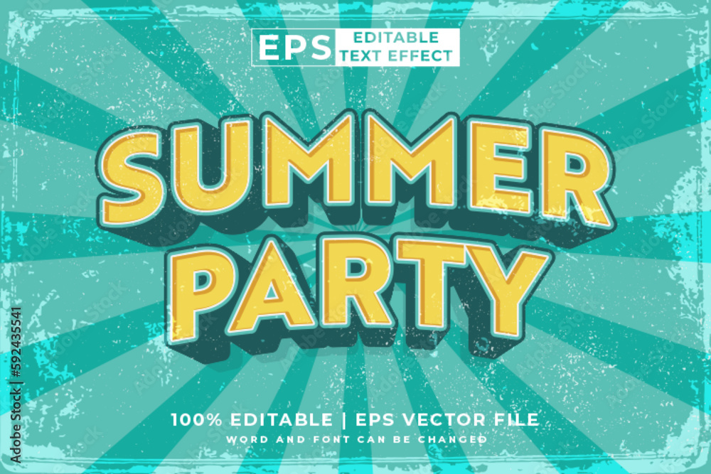 Editable text effect summer party 3d retro template style premium vector - obrazy, fototapety, plakaty 