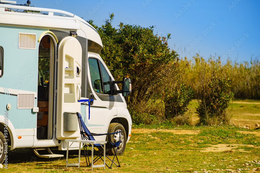 Rv camper camping on nature, Spain.