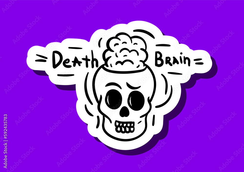 Skull sticker black and white. Skeleton head with inscription death brain. Poster or banner for website. Symbol of traditional mexican holiday and festival. Cartoon flat vector illustration Skull sticker black and white. Skeleton head with inscription death brain. Poster or banner for website. Symbol of traditional mexican holiday and festival. Cartoon flat vector illustration