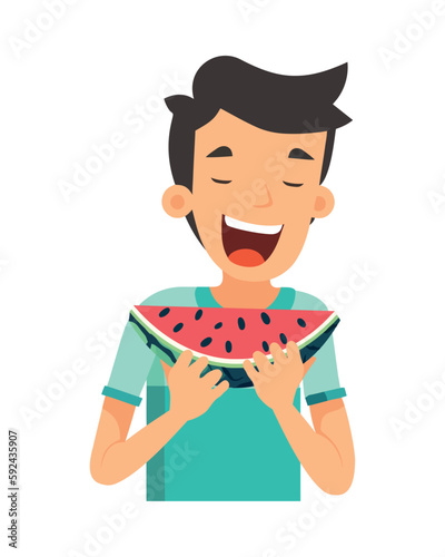 Smiling boys eating watermelon, summer fun illustration