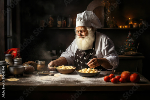 Santa Claus in the kitchen prepares treats for the Christmas holiday table. Generative AI