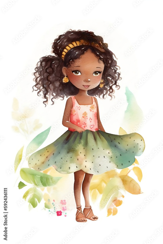 watercolor black girl with curly hair on white background Generative AI. Clip art illustration. Cartoon character. watercolor black girl with curly hair on white background Generative AI. Clip art illustration. Cartoon character.