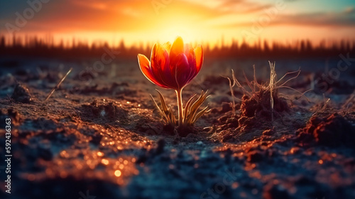 An abstract flower rising from soil during sunset
