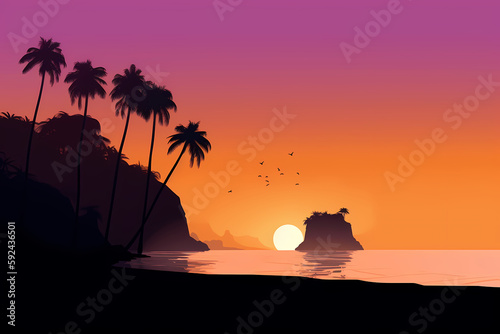 minimalist artwork of Kelingking Beach  Nusa Penida  Bali at sunset  featuring only the silhouette of the iconic cliff and palm trees against the orange and purple sky