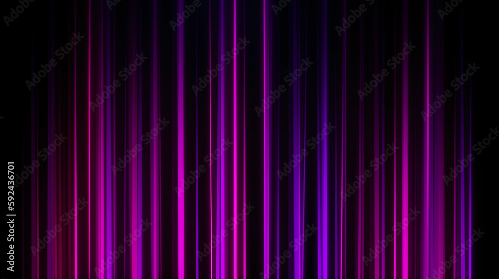 An abstract glowing neon pink and purple vertical line lights on a black background. A.I. generated.