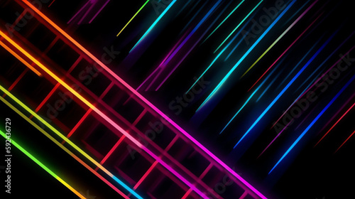 An abstract glowing neon multicolor diagonal line lights on a black background. A.I. generated.