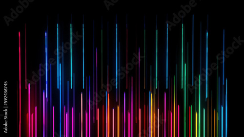 An abstract glowing neon multicolor vertical line lights on a black background. A.I. generated.