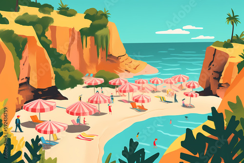 colorful and vibrant poster style artwork of Praia do Camilo in Portugal on a sunny day, capturing the energy and excitement of the beachgoers © Alistair