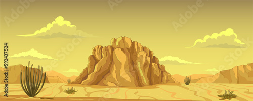 Desert Arizona. Panoramic landscape of Arizona wildlife. Mountain range, rocks, sand dunes, cactus, clouds. Hot desert scenery Nature desert background Gila Desert, Sonora. Vector cartoon illustration