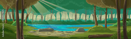 Lake in the forest. Landscape summer forest with a pond in a clearing. Panorama nature, deciduous forest, trees, clearing, fallen dry tree, bushes on the shore, sun rays. Vector cartoon illustration.