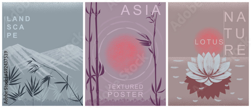 Nature poster set. Mountain landscape, bamboo, sun, lotus flower. Abstraction, Asian background. Texture of nature. Picture for background, banner, poster. Textured poster set. Vector illustration.