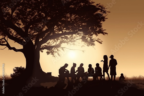 A silhouette of a teacher reading a book to students under a tree  Teacher s Day Generative AI