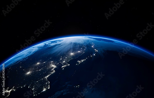 The earth from a planet viewed, detailed cityscapes, dark sky-blue, serene atmospheric perspective. 