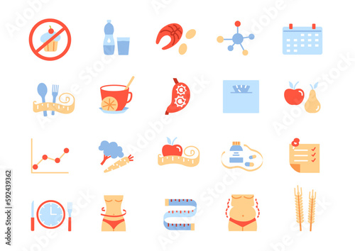 Dietfood color icons set. Fitness and healthy lifestyle. Proper nutrition with fibers, vegetables and fruits. UI and UX design. Cartoon flat vector illustrations isolated on white background