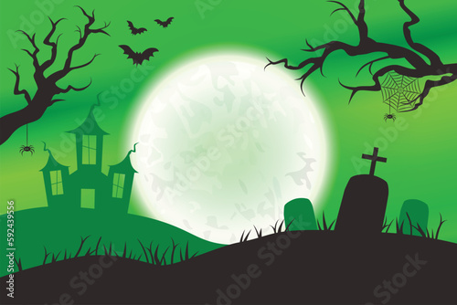 Halloween Spooky Green Night Scene Horizontal Background 2