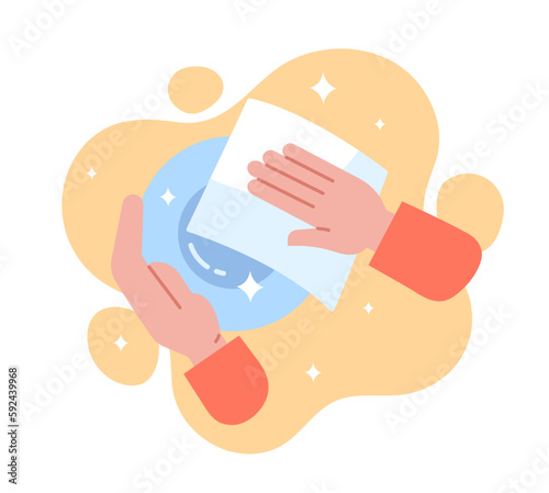 Disinfect things concept. Character wiping wet plate with towel. Housework and washing dishes, cleanliness. Poster or banner for website. Cartoon flat vector illustration