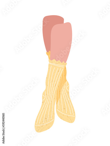 Feet in yellow socks. Cotton and textile. Womens legs in warm woolen element of clothing. Comfortable accessory. Template, layout and mock up. Cartoon flat vector illustration