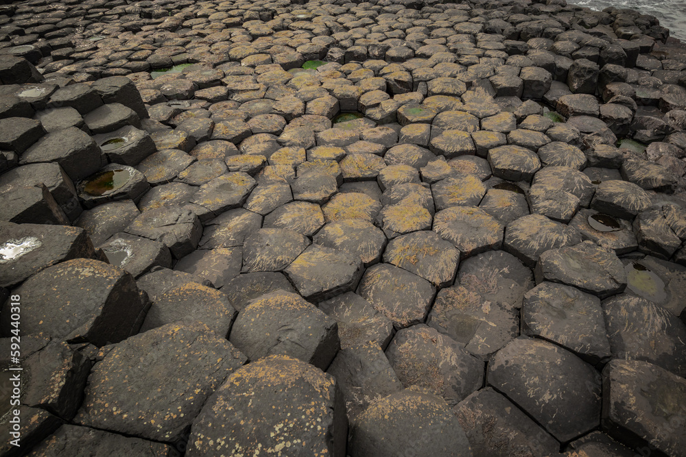 Detail of hexagonal stones or pillars at Giants causeway in northern ireland, majestic basalt pillars at the beach on a cloudy day. Wide view of area.. Detail of hexagonal stones or pillars at Giants causeway in northern ireland, majestic basalt pillars at the beach on a cloudy day. Wide view of area..