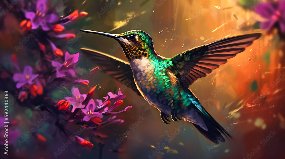 A colorful hummingbird flying near the flowers