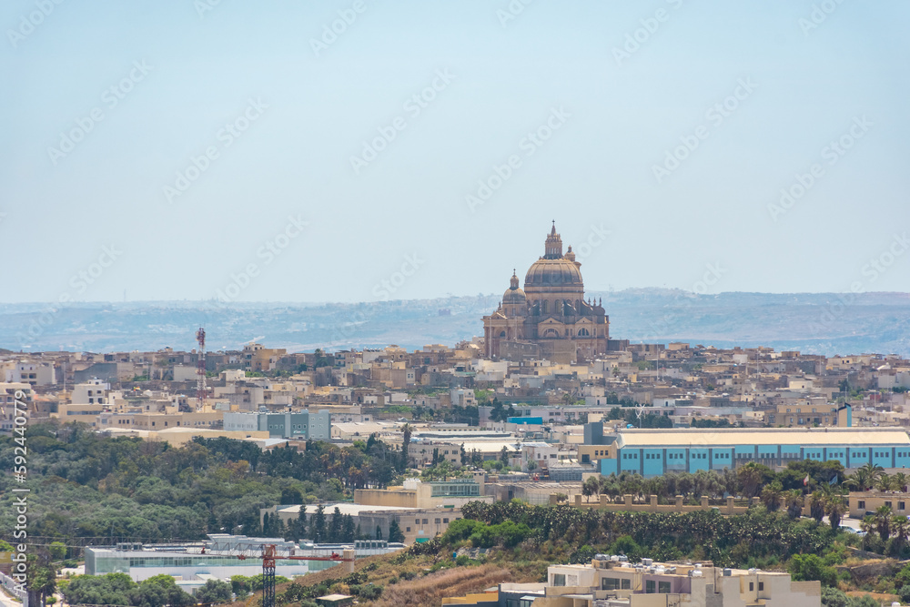 Cathedral of Gozo and the city of Victoria from above,  Malta