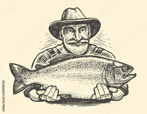 Happy old fisherman in hat holding a big fish. Fishing concept, sketch vector illustration