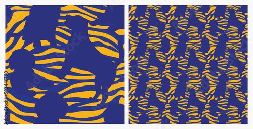 Dog silhouettes pattern fabric. Elegant, extravagant seamless background, abstract background with blue English Beagle dog shapes. Present for Dog Lovers. Blue and yellow zebra. Birthday wrapping.