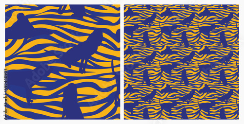 Dog silhouettes pattern fabric. Elegant, extravagant seamless background, abstract background with blue Bloodhound dog shapes. Present for Dog Lovers. Blue and yellow zebra. Birthday wrapping.