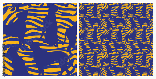 Dog silhouettes pattern fabric. Elegant, extravagant seamless background, abstract background with blue boxer dog shapes. Present for Dog Lovers. Green and yellow zebra. Birthday wrapping. Ethnic