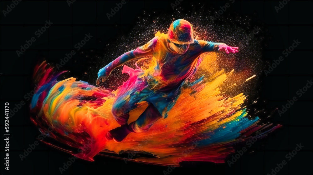Colorful skater person doing stunts with paints in dark background