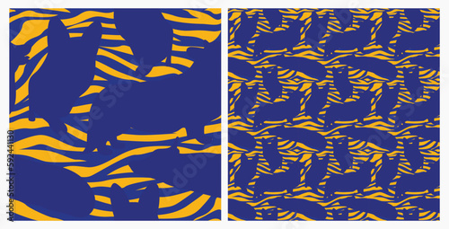 Dog silhouettes pattern fabric. Elegant, extravagant seamless background, abstract background with blue corgi dog shapes. Present for Dog Lovers. Green and yellow zebra. Birthday wrapping decoration.